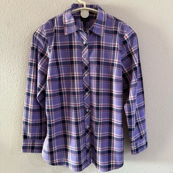 Talbots Tops - Talbots Plaid Button Up Shirt Purple Navy Cotton Long Sleeve Women’s Size L